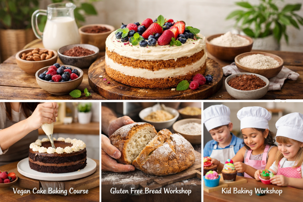 Vegan cake decorated with fresh berries and dairy-free frosting at Green Whisk