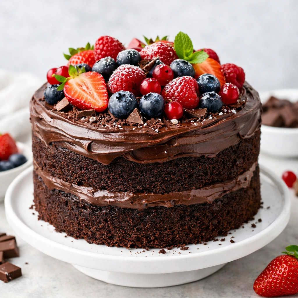 Vegan chocolate cake with fresh berries